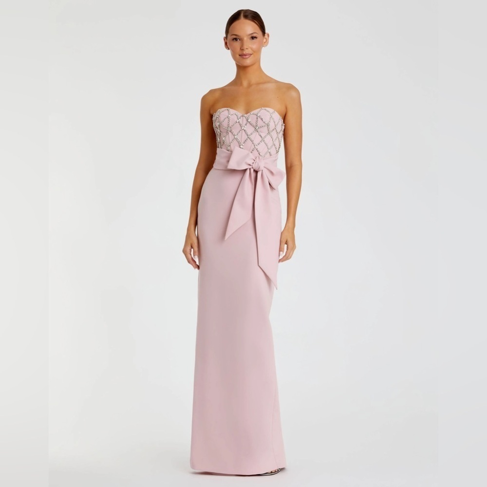 Mac Duggal 2294 NWT Pink Embellished Strapless Bustier With Bow Crepe Gown